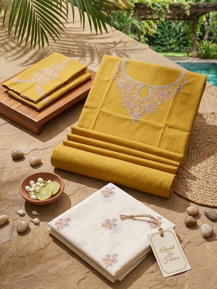 Ahmad Zee Fabrics – Saffron Bloom 2-Piece Embroidered Lawn Suit