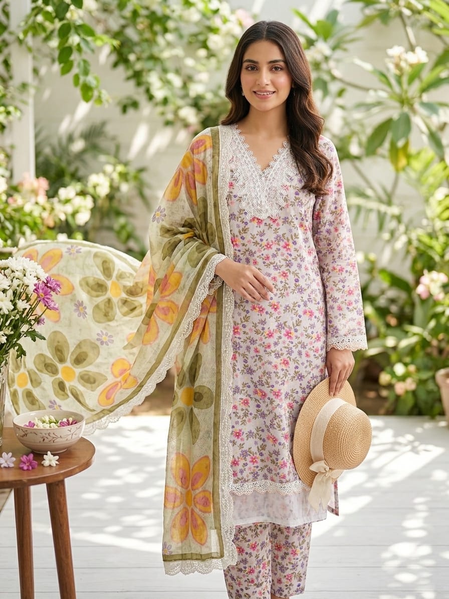Ahmad Zee Fabrics – Summer Meadow 3-Piece Floral Printed Suit with Lace Detailing