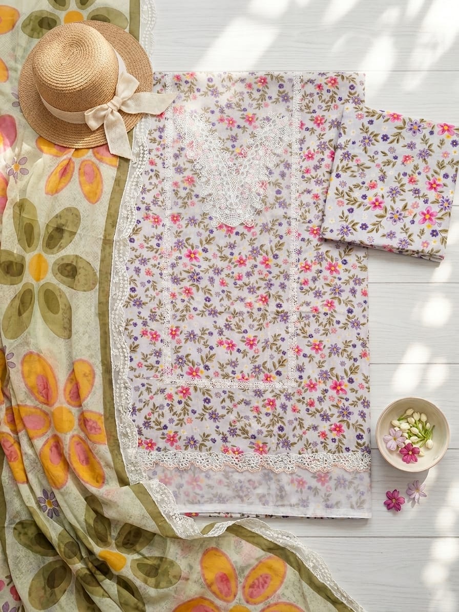 Ahmad Zee Fabrics – Summer Meadow 3-Piece Floral Printed Suit with Lace Detailing