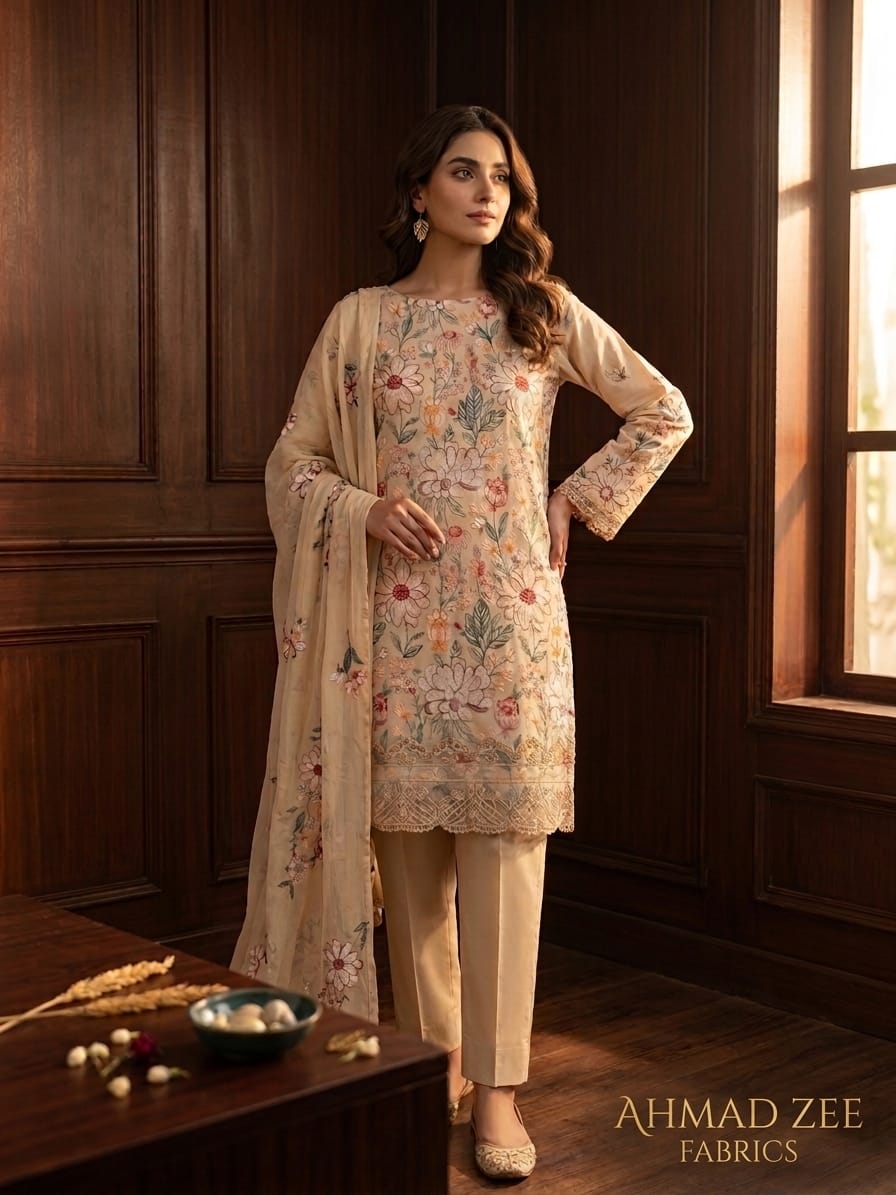 Ahmad Zee Fabrics – Almond Blossom 3-Piece Heavily Embroidered Festive Suit