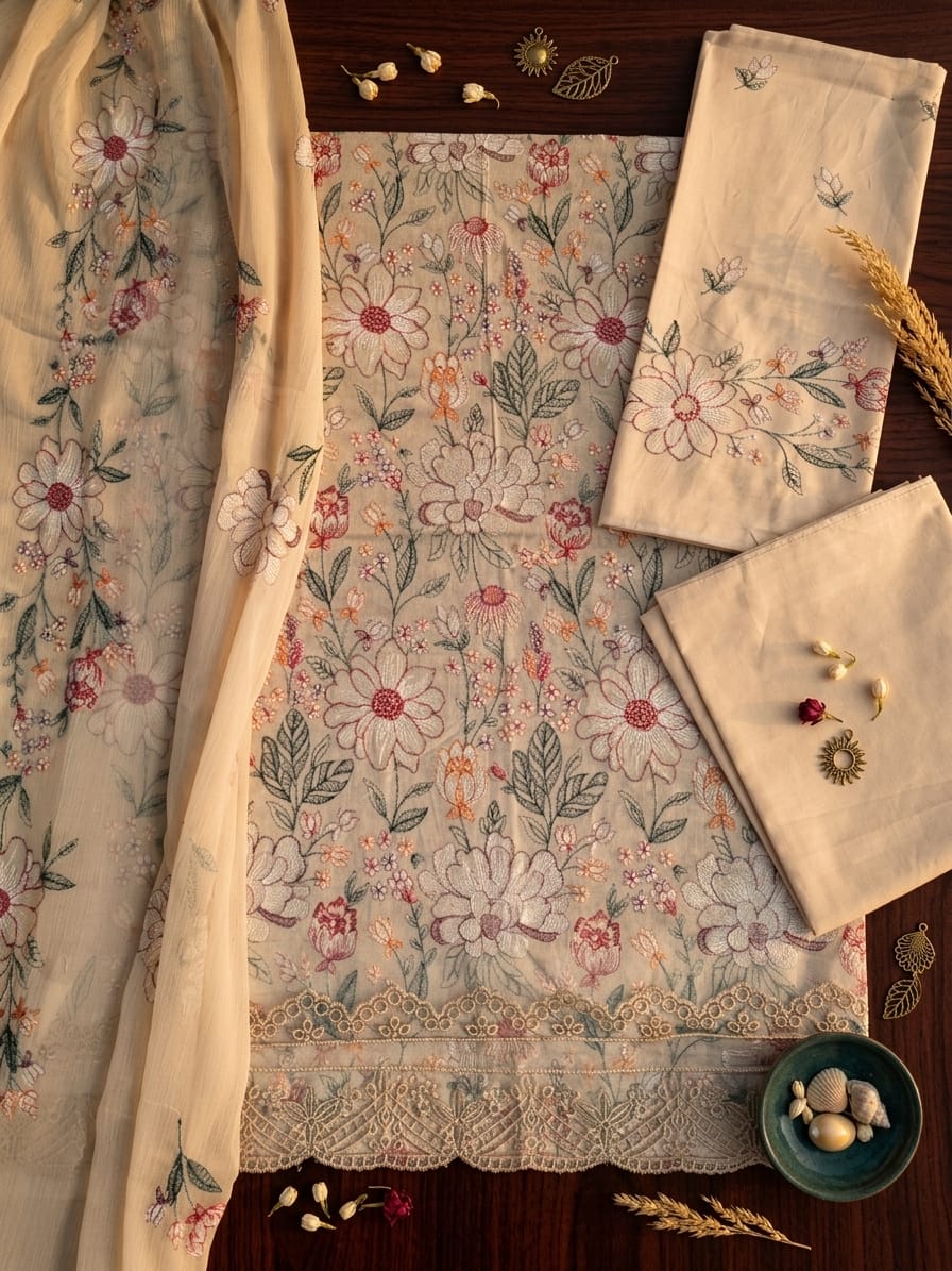 Ahmad Zee Fabrics – Almond Blossom 3-Piece Heavily Embroidered Festive Suit