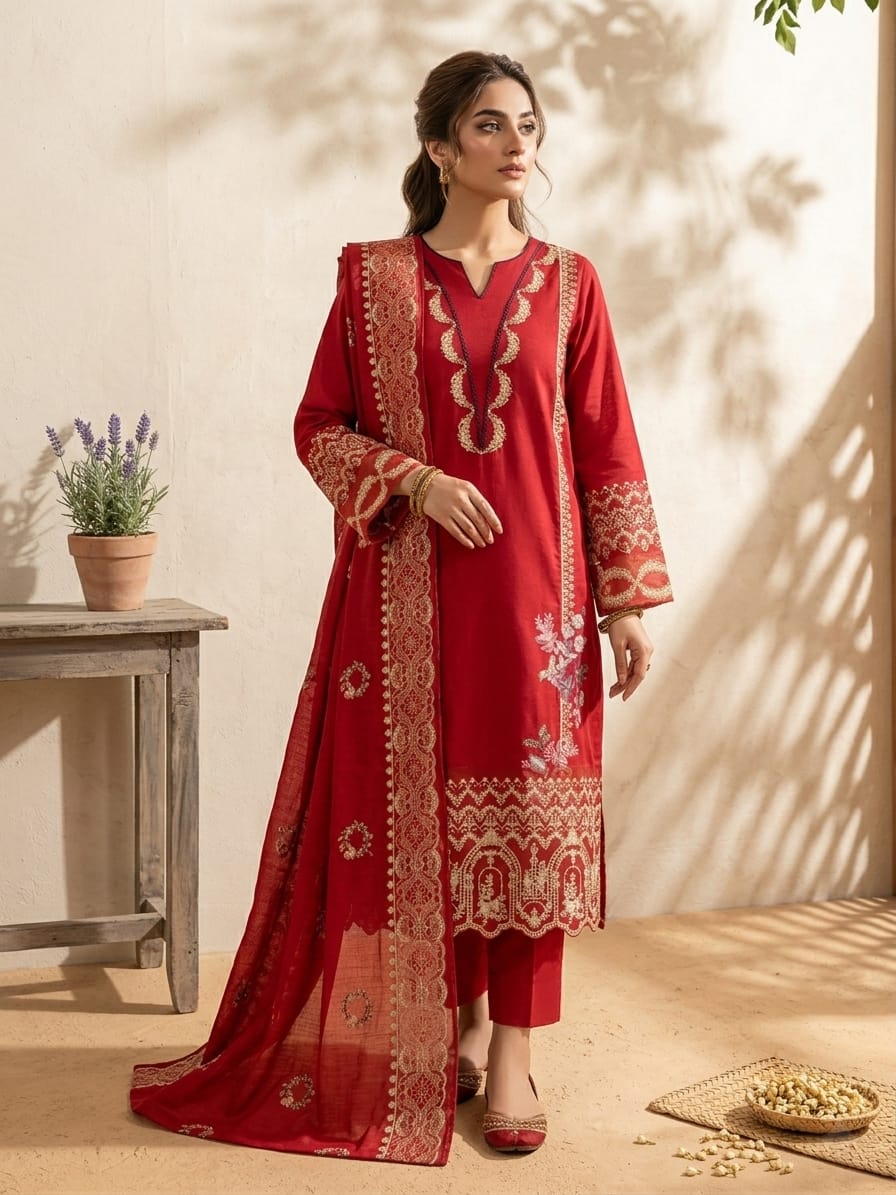 Ahmad Zee Fabrics – Crimson Regal 3-Piece Tilla Embroidered Lawn Suit
