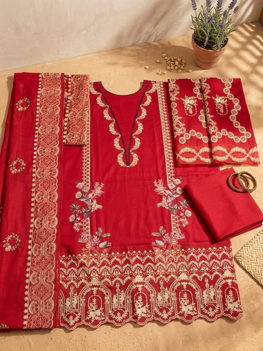 Ahmad Zee Fabrics – Crimson Regal 3-Piece Tilla Embroidered Lawn Suit