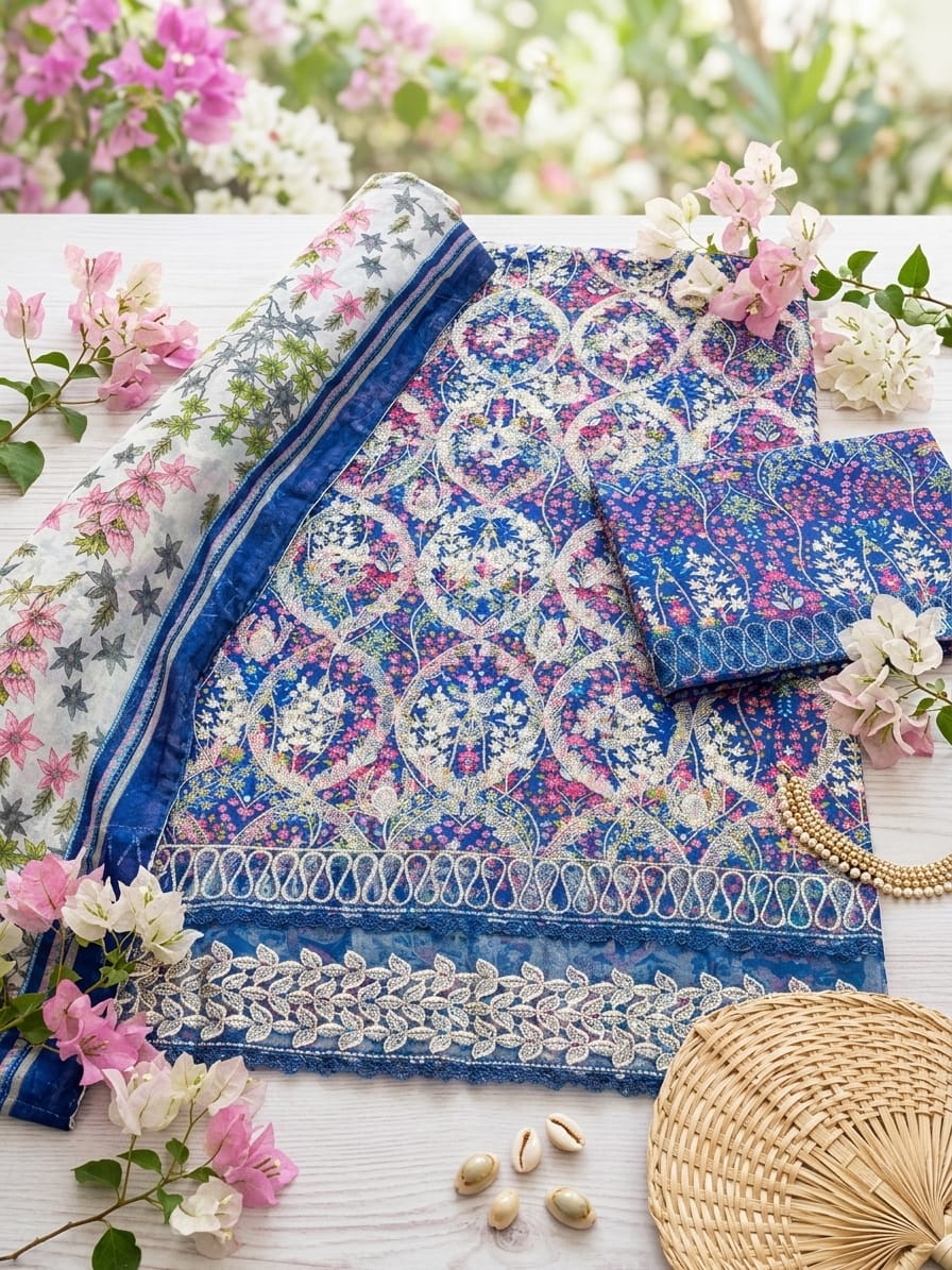 Blue Floral Printed 3-Piece Unstitched Suit | Ahmad Zee Fabrics