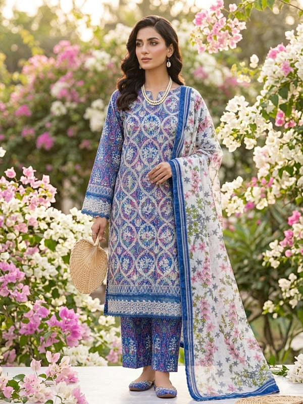 Blue Floral Printed 3-Piece Unstitched Suit | Ahmad Zee Fabrics