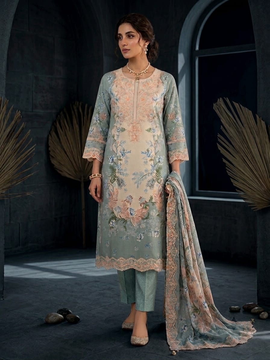Pastel Blue Embroidered Floral 3-Piece Unstitched Suit | Ahmad Zee Fabrics