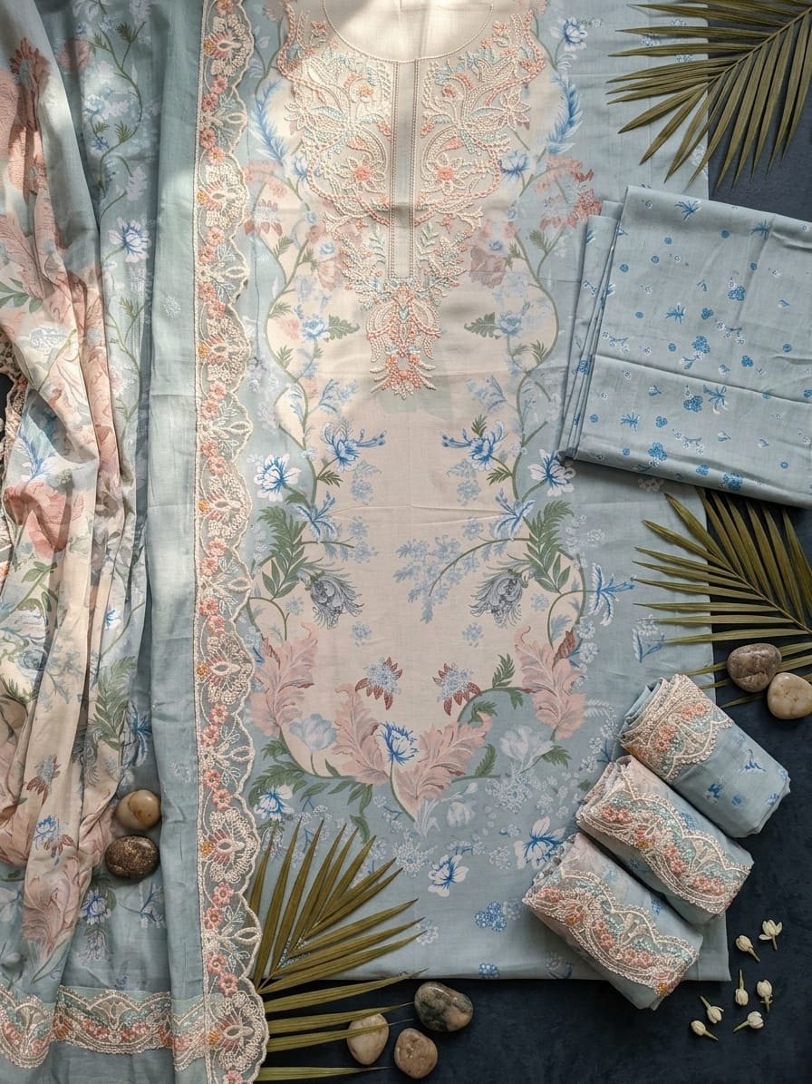 Pastel Blue Embroidered Floral 3-Piece Unstitched Suit | Ahmad Zee Fabrics