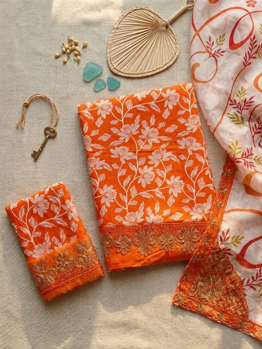 Orange Floral Embroidered 3-Piece Unstitched Suit | Ahmad Zee Fabrics