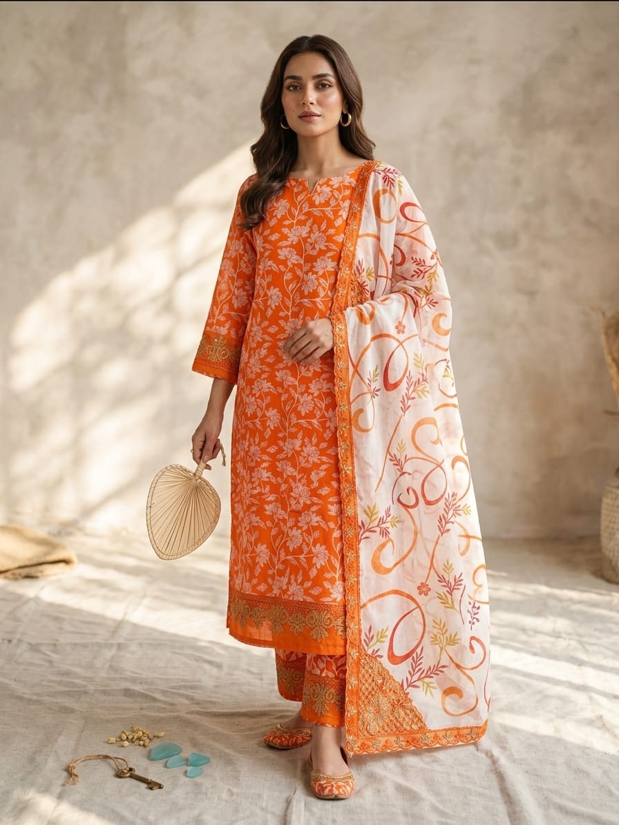 Orange Floral Embroidered 3-Piece Unstitched Suit | Ahmad Zee Fabrics