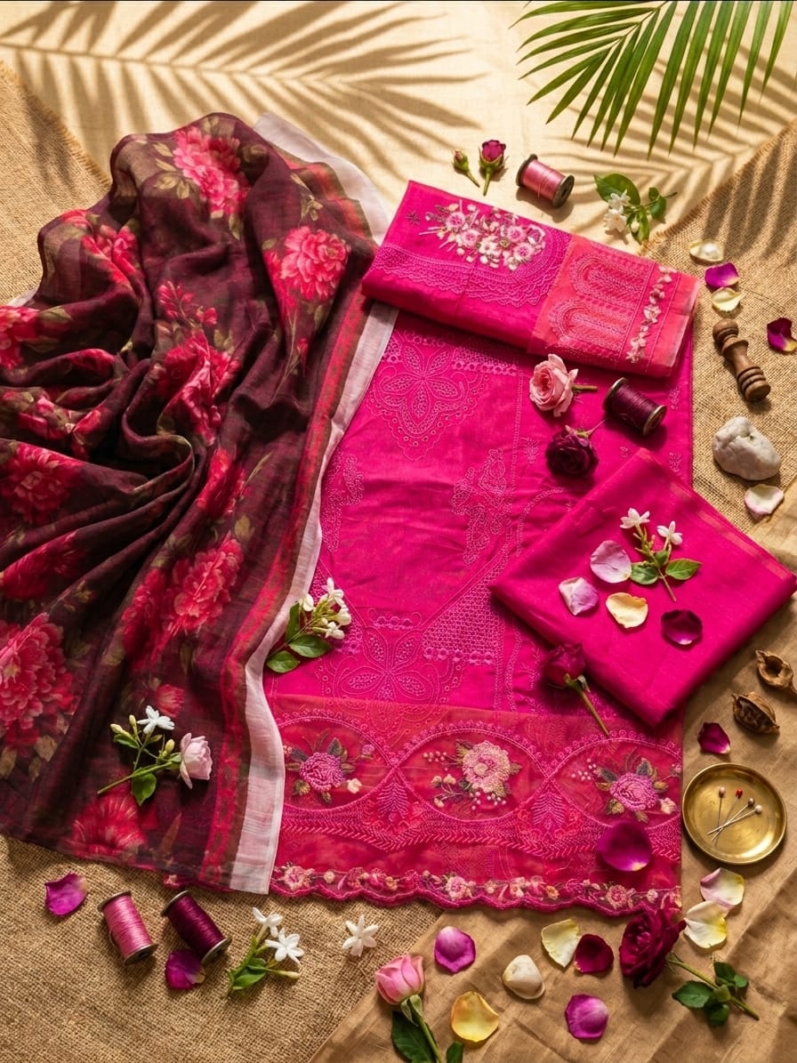 Bright Pink Tonal Embroidered 3-Piece Unstitched Suit | Ahmad Zee Fabrics