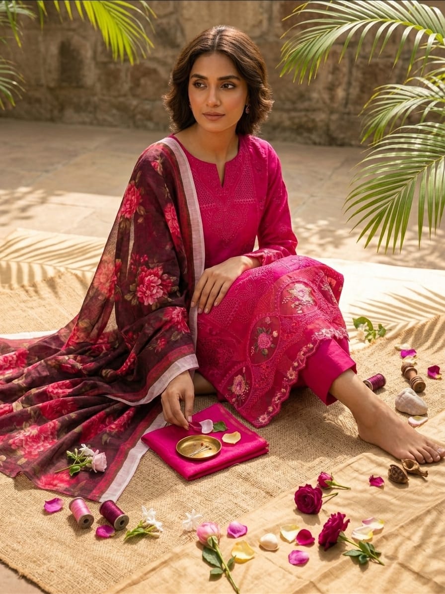 Bright Pink Tonal Embroidered 3-Piece Unstitched Suit | Ahmad Zee Fabrics
