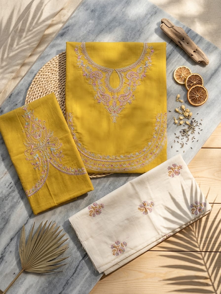 Premium Unstitched 2-Piece Lawn Suit Mustard White | Summer Collection