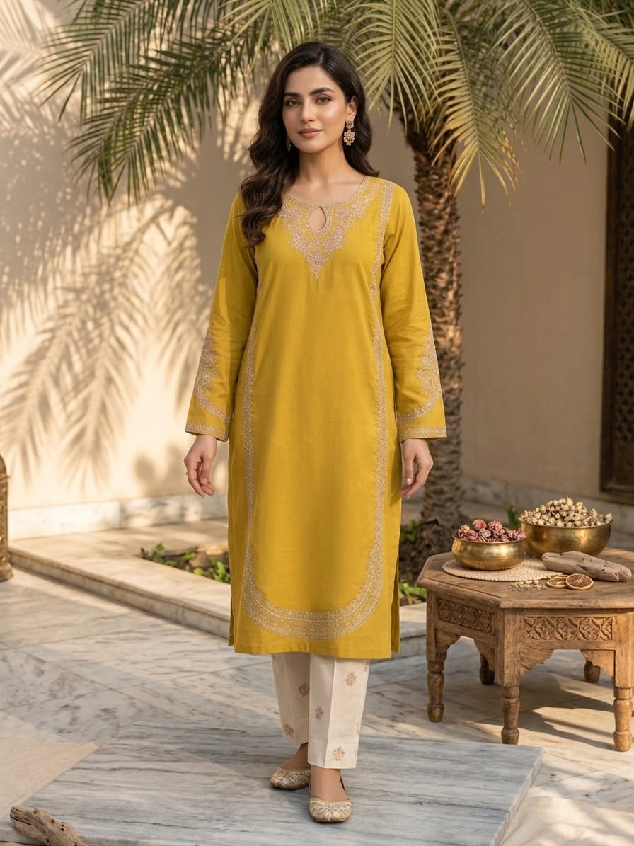 Premium Unstitched 2-Piece Lawn Suit Mustard White | Summer Collection