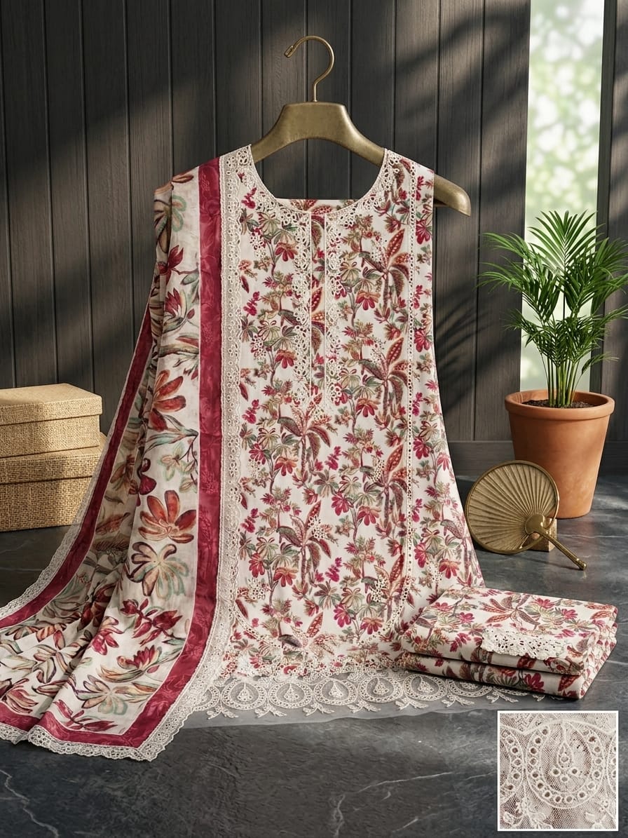 Elegant Botanical Floral 3-Piece Unstitched Suit with Lace Detailing