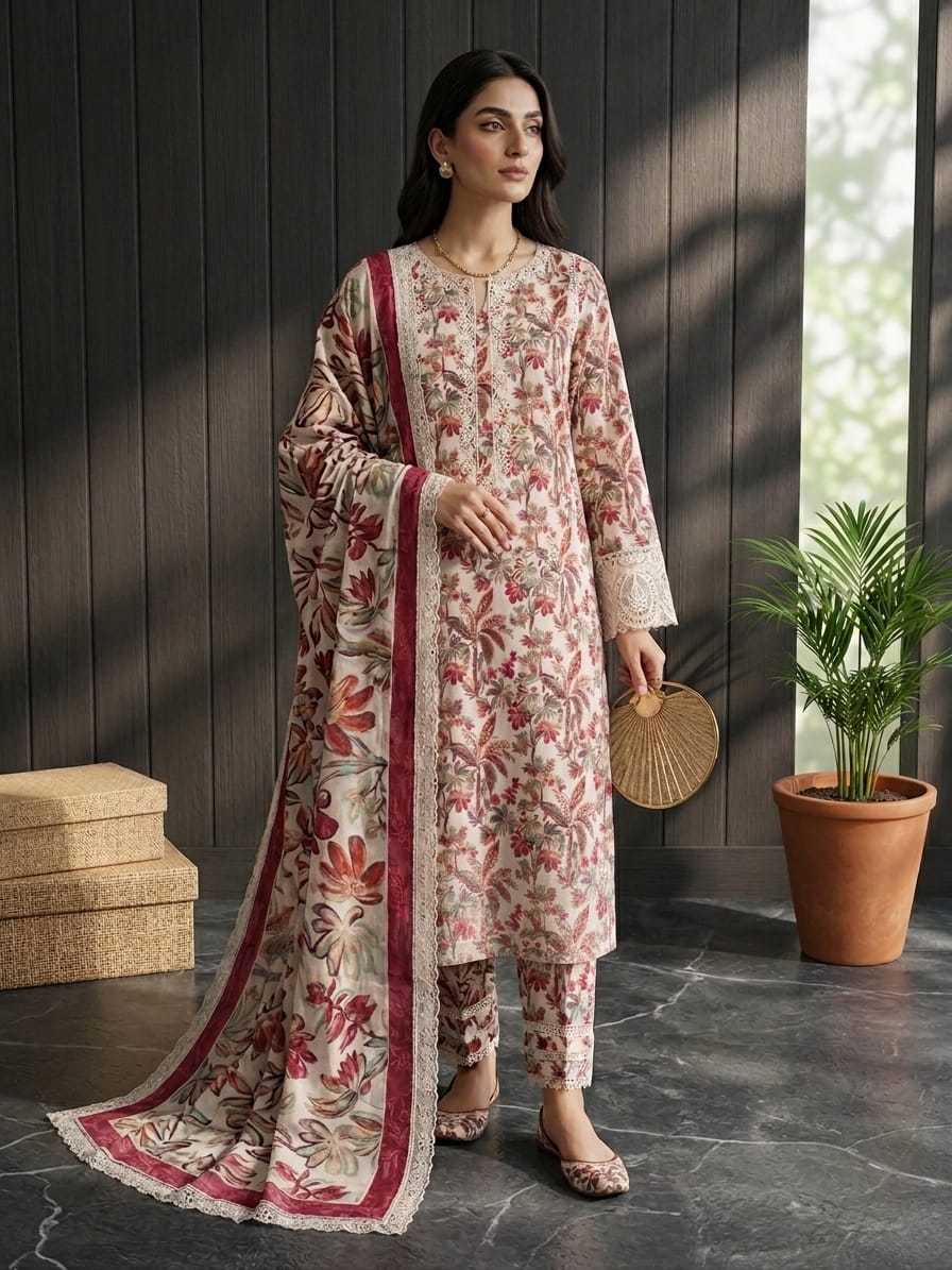 Elegant Botanical Floral 3-Piece Unstitched Suit with Lace Detailing