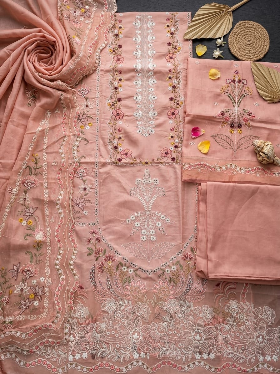 Premium 3-Piece Embroidered Cotton Summer Suit - Peach Pink | Ahmad Zee Fabrics