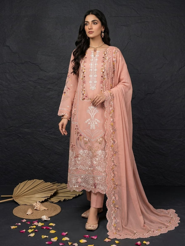 Premium 3-Piece Embroidered Cotton Summer Suit - Peach Pink | Ahmad Zee Fabrics