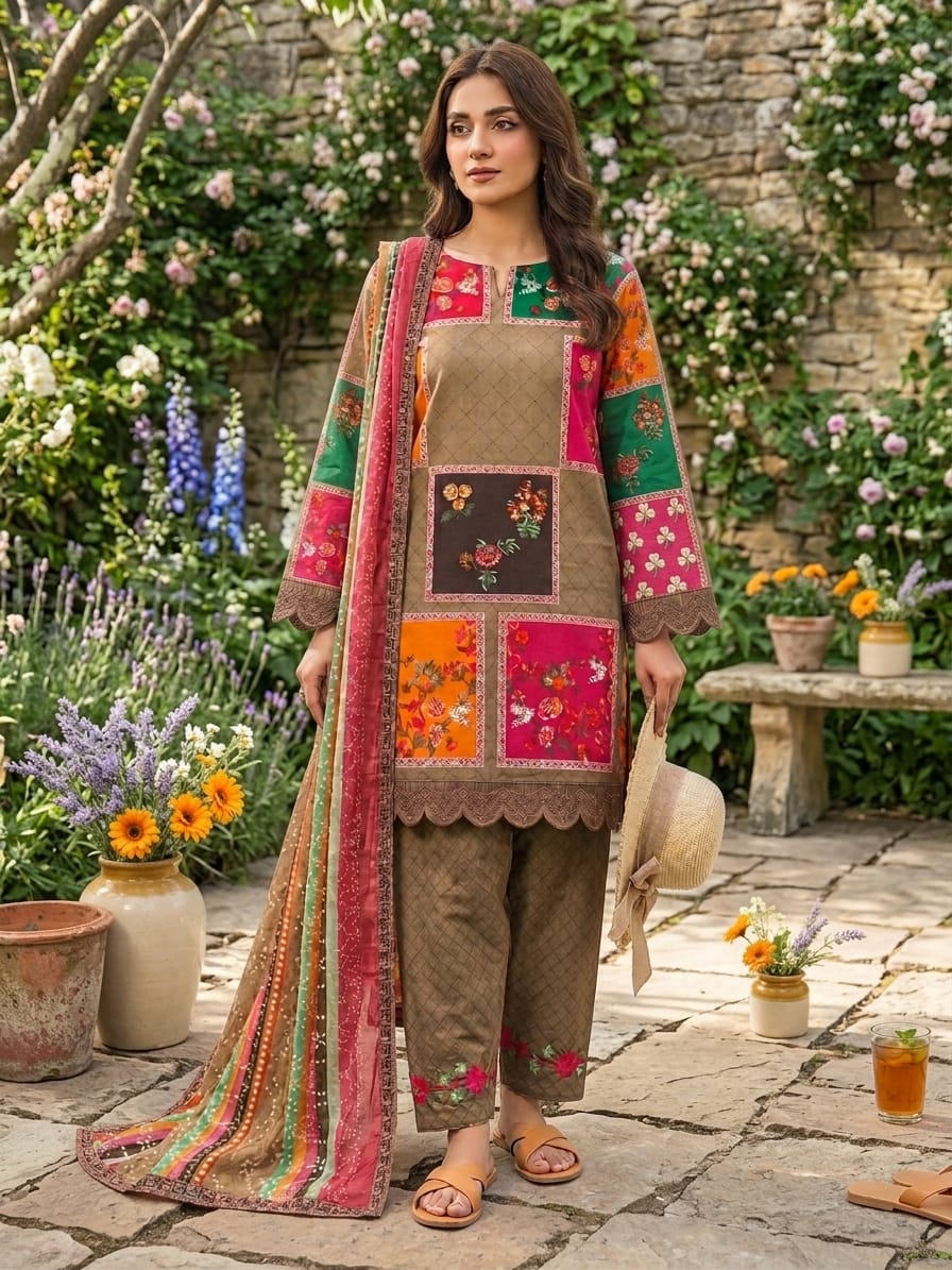 Elegant Floral Patchwork Unstitched Suit with Multi-Colored Dupatta