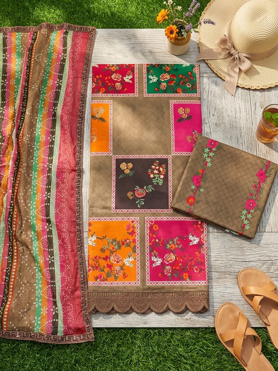 Elegant Floral Patchwork Unstitched Suit with Multi-Colored Dupatta