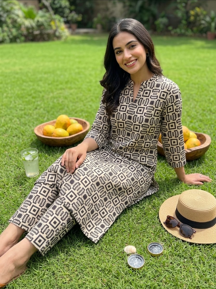Geometric Black & Beige 2-Piece Unstitched Lawn Suit | Ahmad's Fabrics