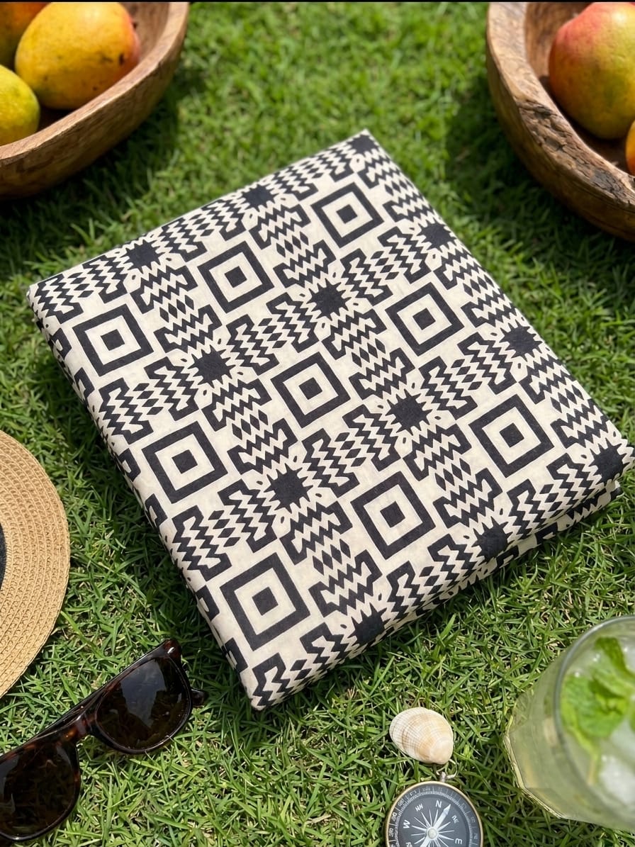 Geometric Black & Beige 2-Piece Unstitched Lawn Suit | Ahmad's Fabrics