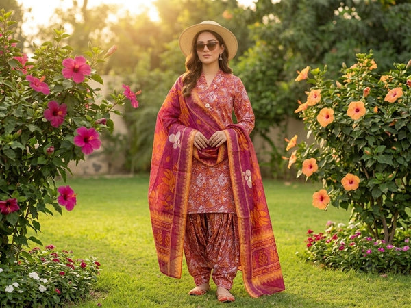 Vibrant Orange & Pink Floral Unstitched Lawn Suit | Ahmad's Fabrics