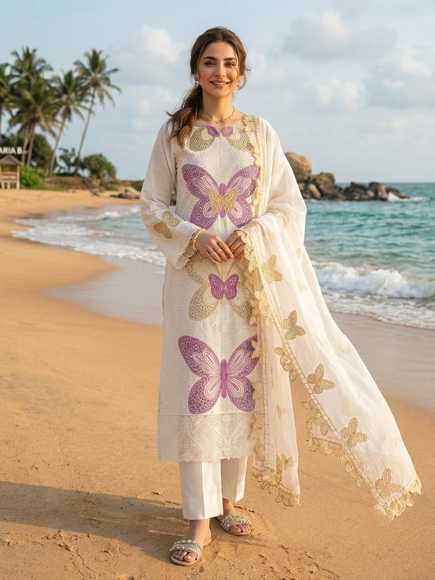 Luxury 3D Butterfly Embroidered 3-Piece Lawn Suit | Ahmad Zee Fabrics