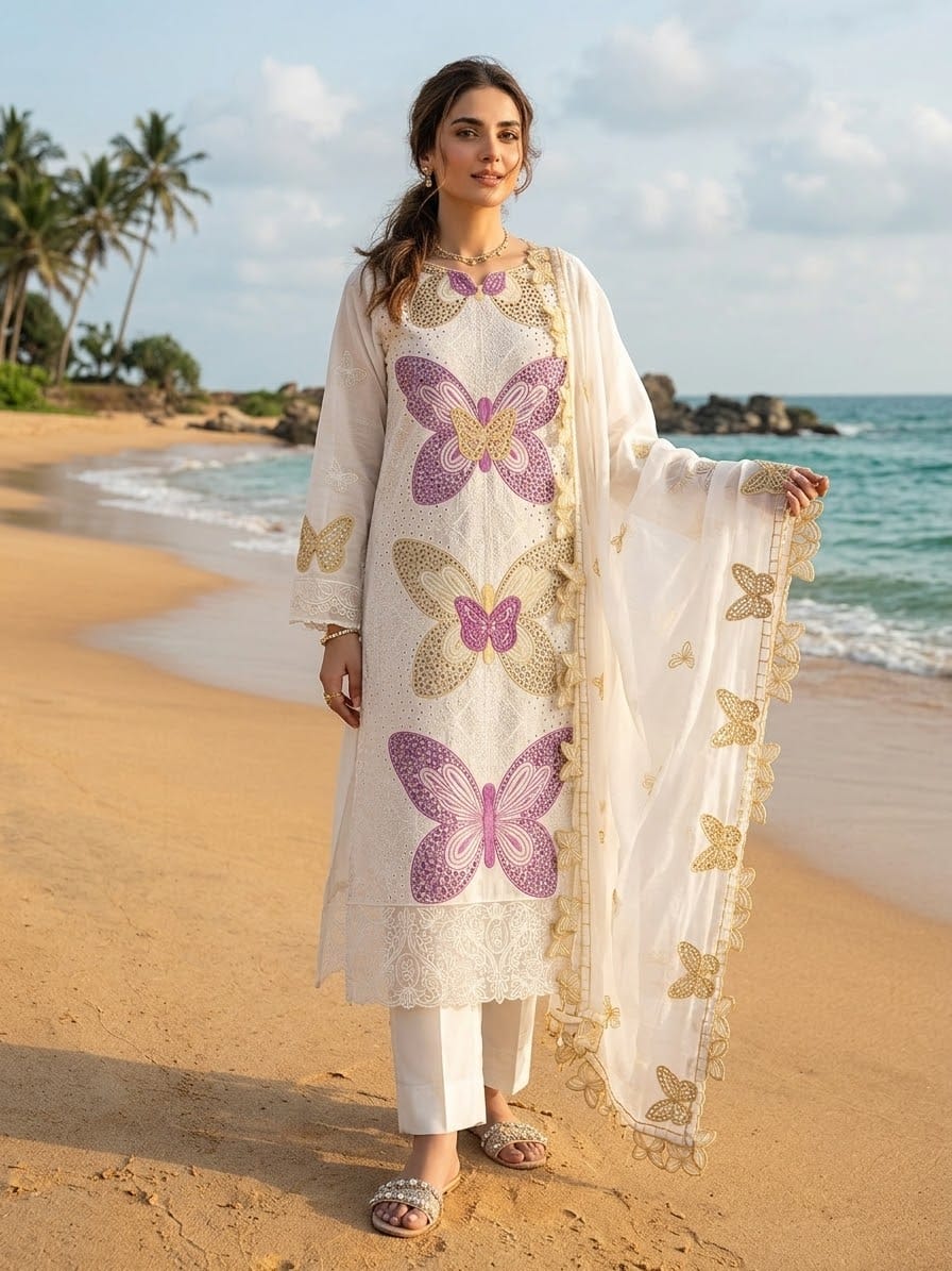 Luxury 3D Butterfly Embroidered 3-Piece Lawn Suit | Ahmad Zee Fabrics