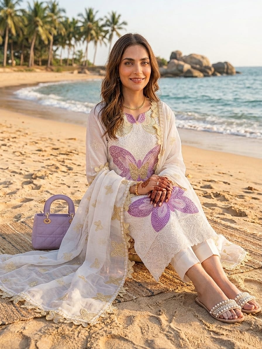 Luxury 3D Butterfly Embroidered 3-Piece Lawn Suit | Ahmad Zee Fabrics
