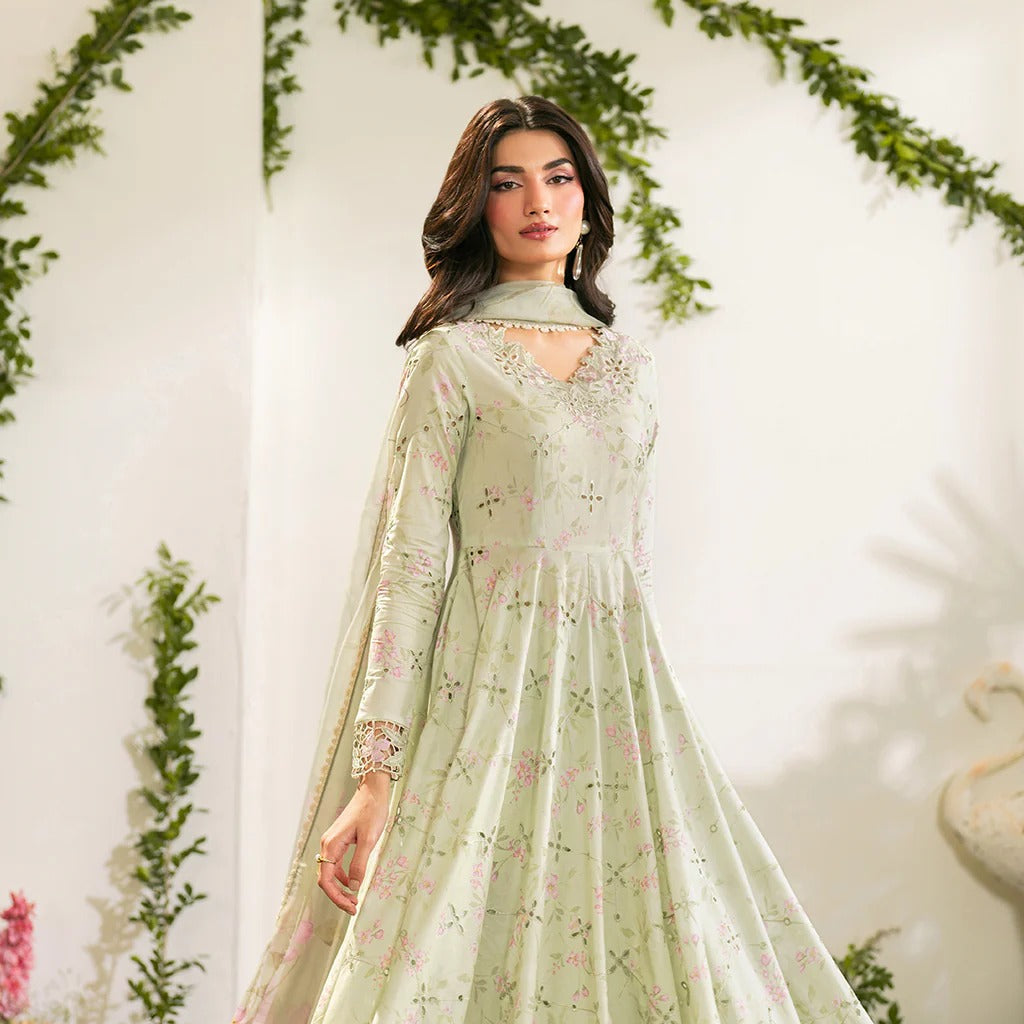 Ahmad Zee Fabrics - Pastel Mint Floral Embroidered Pishwas 3-Piece Suit