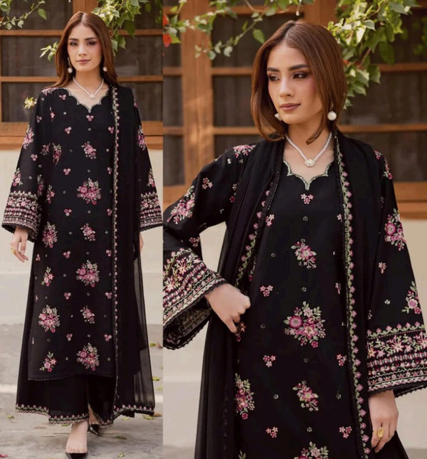 Ahmad Zee Fabrics - Classic Black Floral Embroidered 3-Piece Unstitched Suit