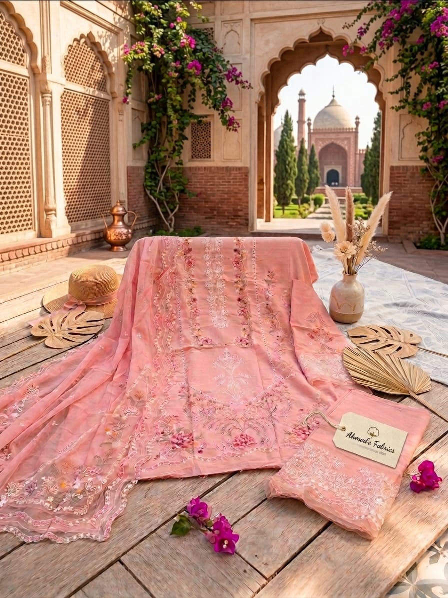 Peach Blossom Luxury Embroidered 3-Piece Organza Suit