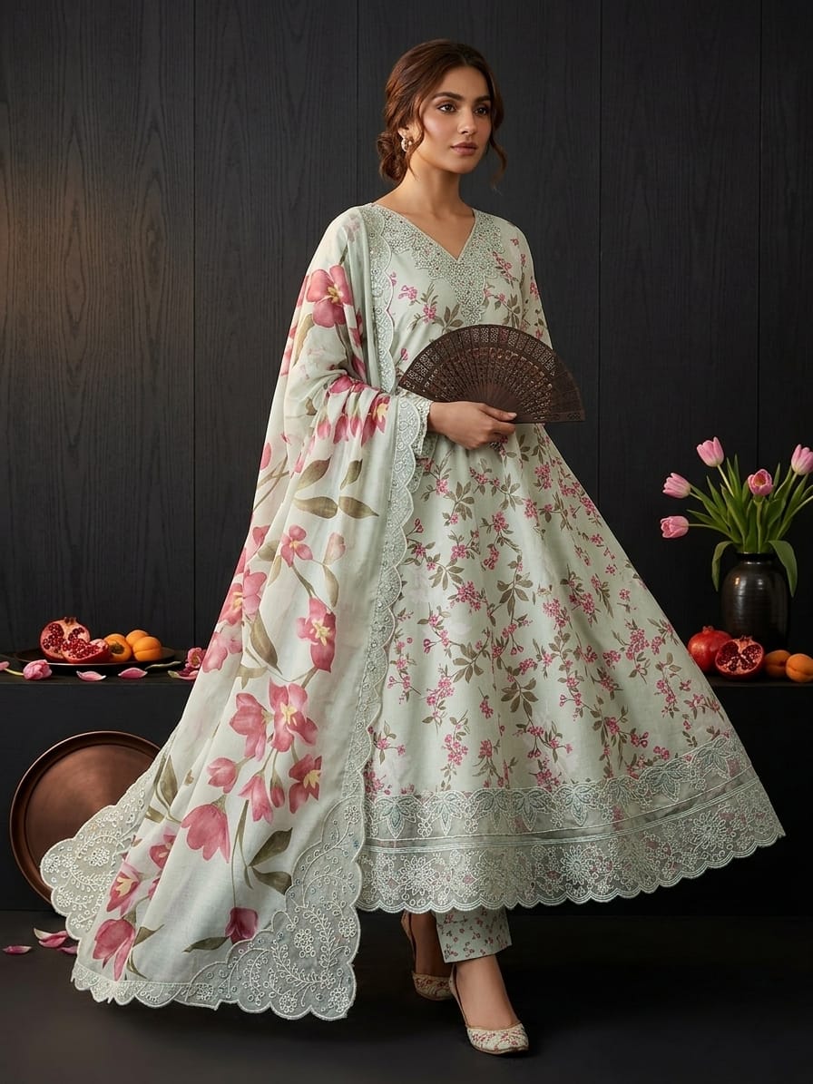 Ahmad Zee Fabrics - Pastel Mint Floral Embroidered Pishwas 3-Piece Suit