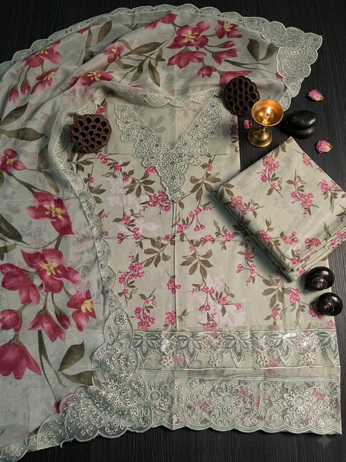 Ahmad Zee Fabrics - Pastel Mint Floral Embroidered Pishwas 3-Piece Suit